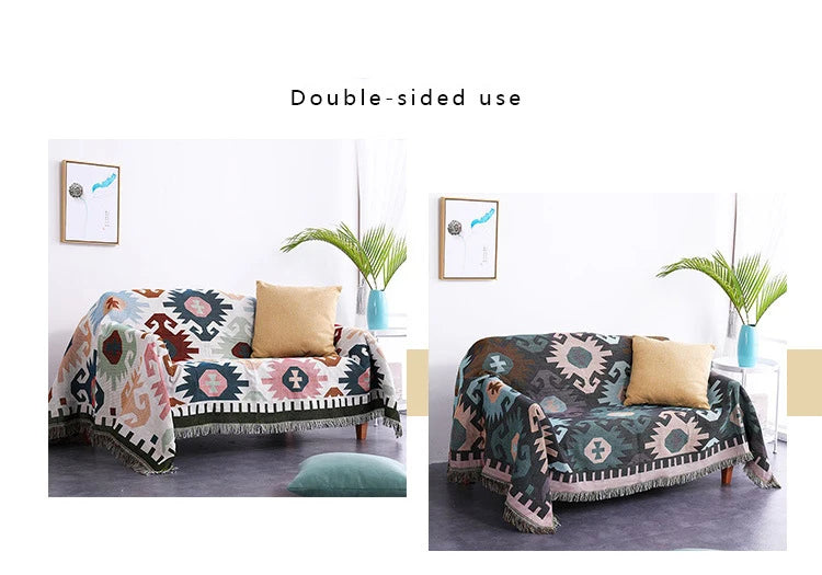 Two views of a patterned blanket on a couch with text 'Double-sided use'.