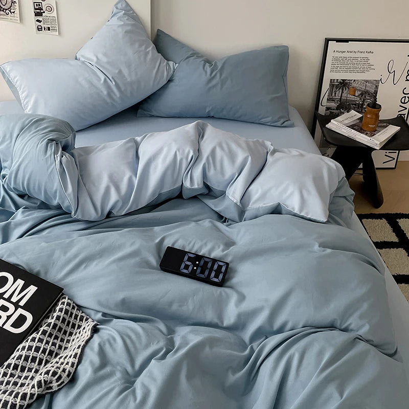 Simple Blue Solid Color Bedding Set Soft Brushed Duvet Covers Pillowcase