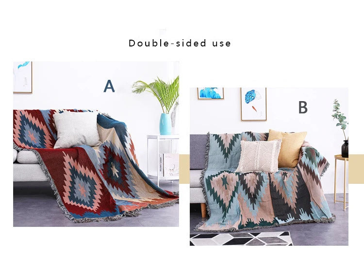 Two views of a patterned blanket on a sofa with text indicating double-sided use.