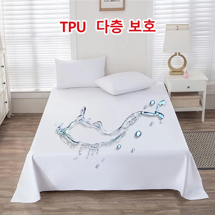 Bed with white bedding and TPU protection graphic in a bedroom setting