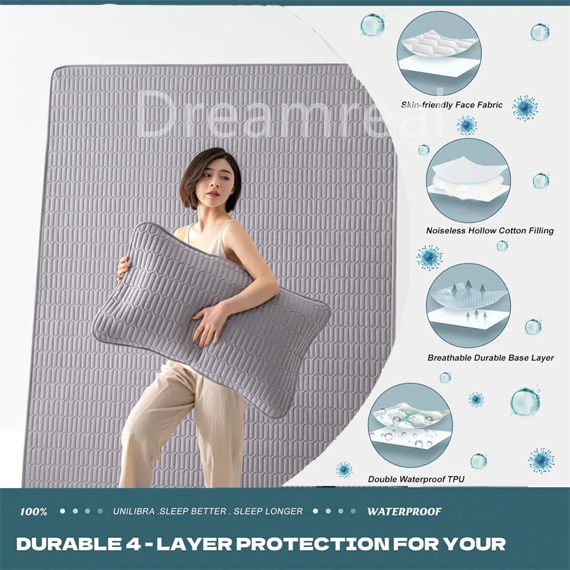 Woman holding a gray mattress pad with product features on a white background