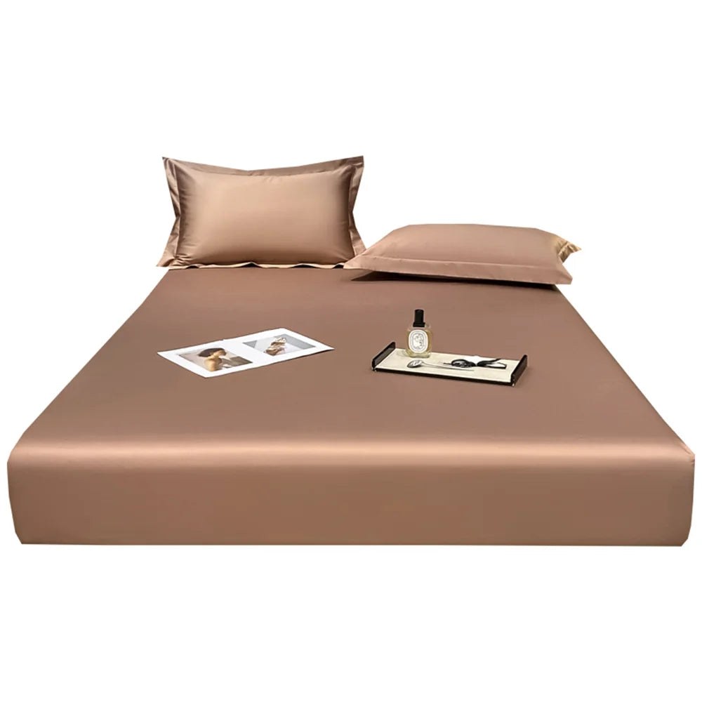 Brown satin bed sheet set with matching pillowcases on a white background