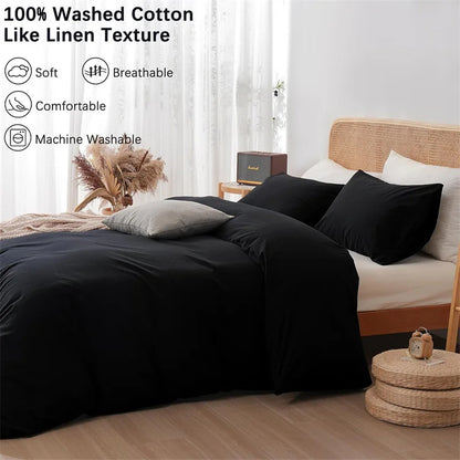Black bedding set on a bed with text highlighting features like softness, breathability, comfort, and machine washability.
