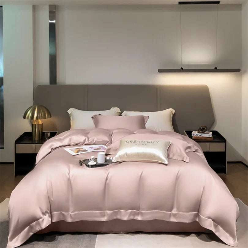 Bedroom with pink bedding and decor in a modern setting