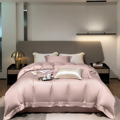 Bedroom with pink bedding and decor in a modern setting