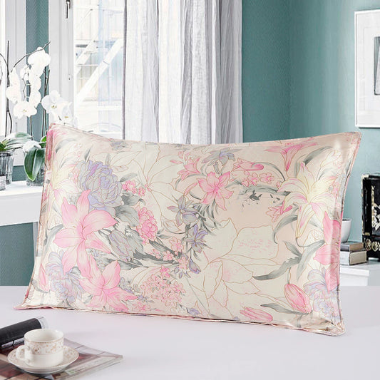 Floral patterned pillow on a table with a light blue wall and window in the background