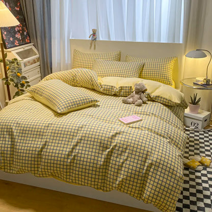 Bedroom with yellow checkered bedding and decor
