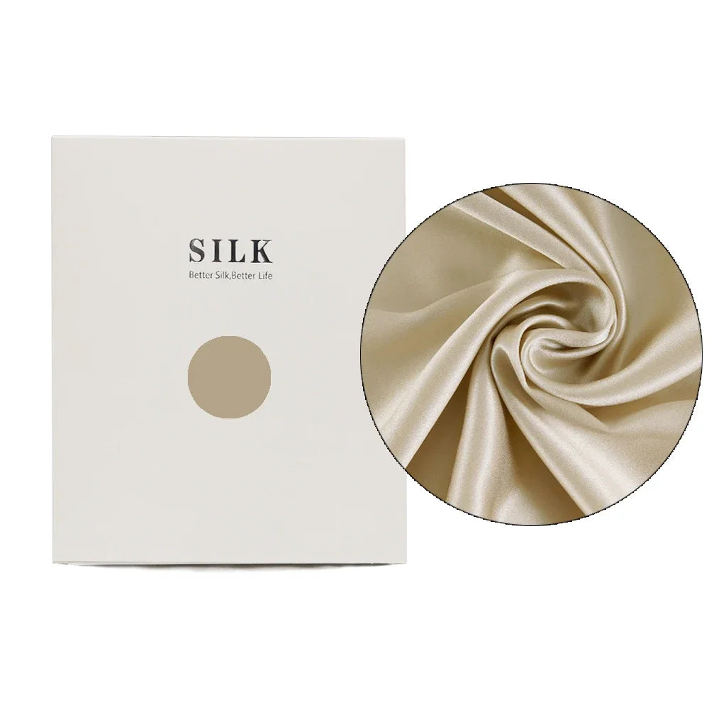 Silk product packaging with a close-up of silk fabric on a white background