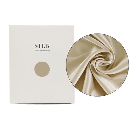 Silk product packaging with a close-up of silk fabric on a white background