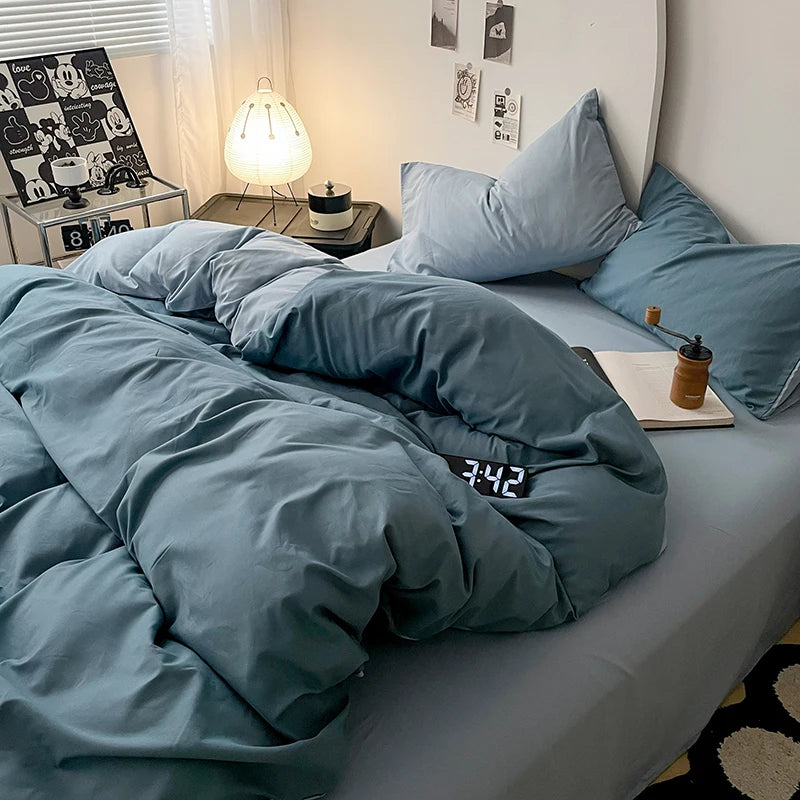 Simple Blue Solid Color Bedding Set Soft Brushed Duvet Covers Pillowcase