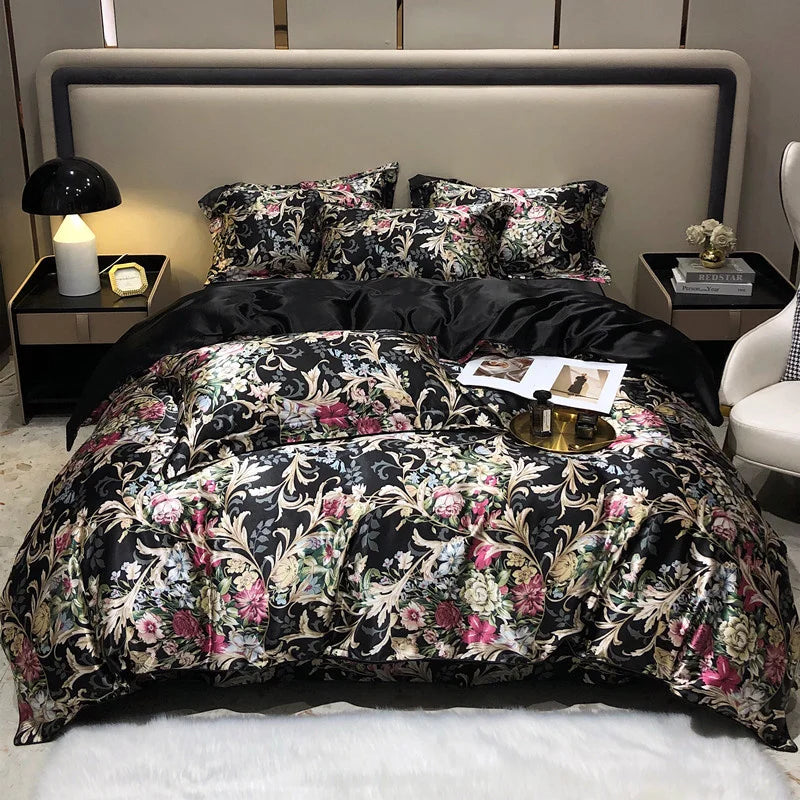 Floral bedding set on a bed in a bedroom setting with nightstands and decor.