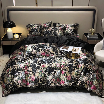 Floral bedding set on a bed in a bedroom setting with nightstands and decor.