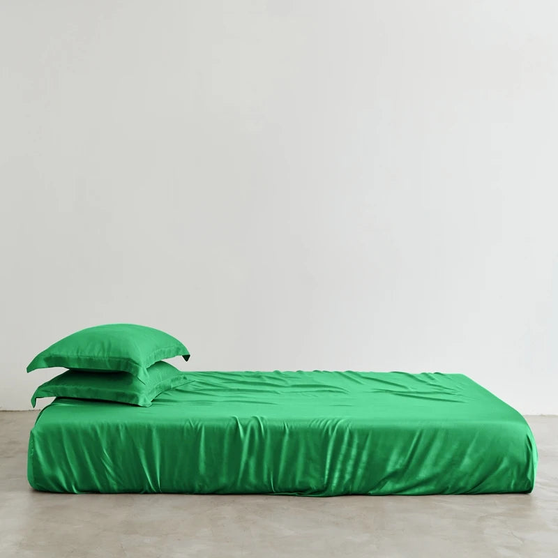 Green bedspread and pillow on a bed against a plain background
