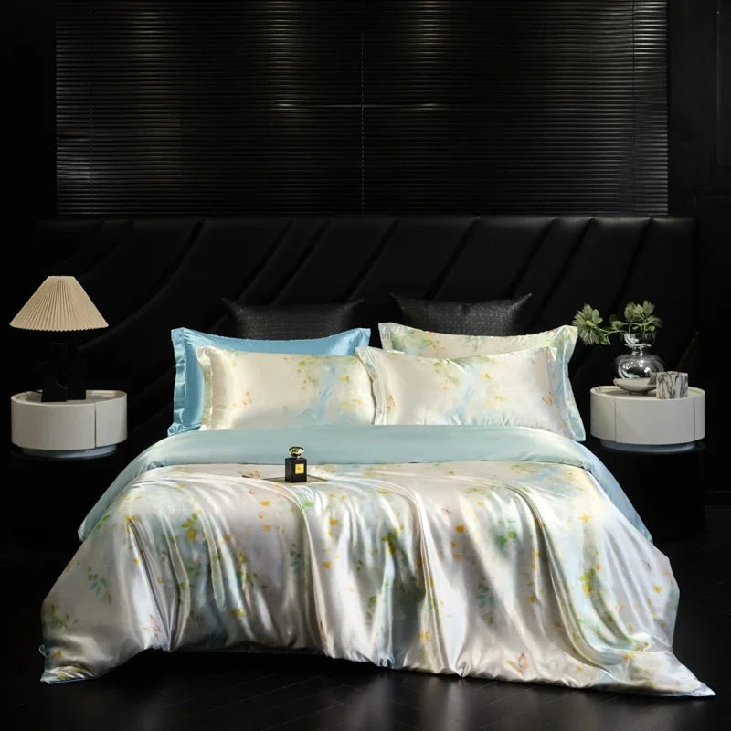Floral patterned bedding set on a bed in a darkly decorated room.