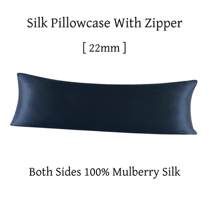 Navy blue silk pillowcase with zipper on a white background