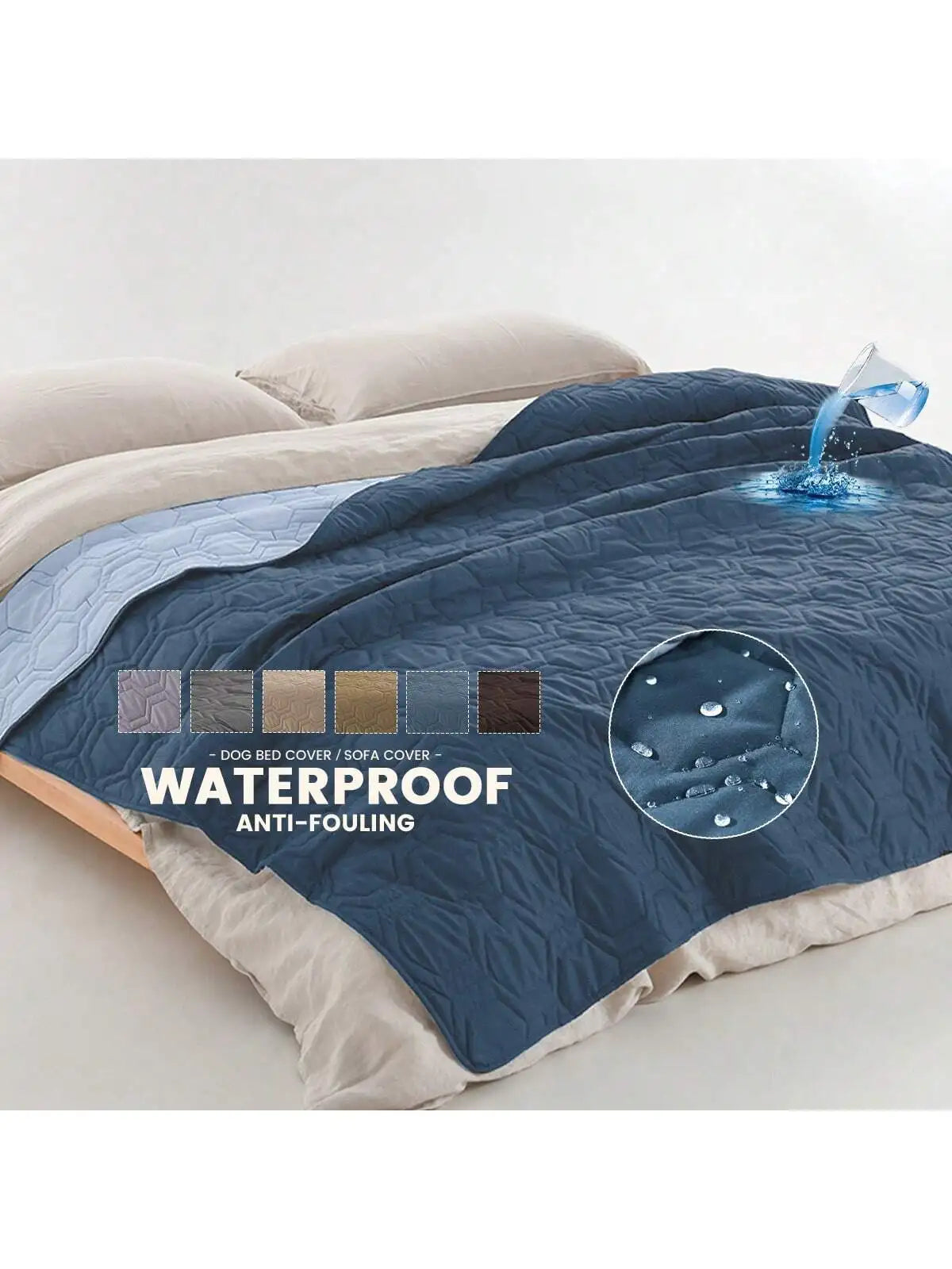 Blue waterproof dog bed cover on a beige sofa with water droplets demonstrating its feature.