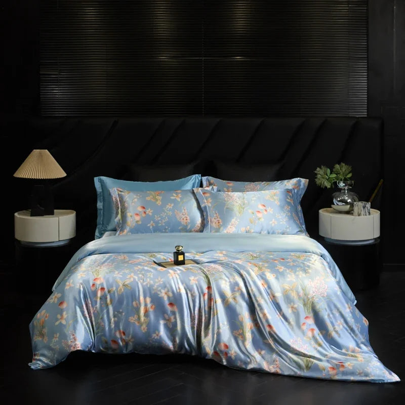Floral bedding set on a bed in a darkly decorated room