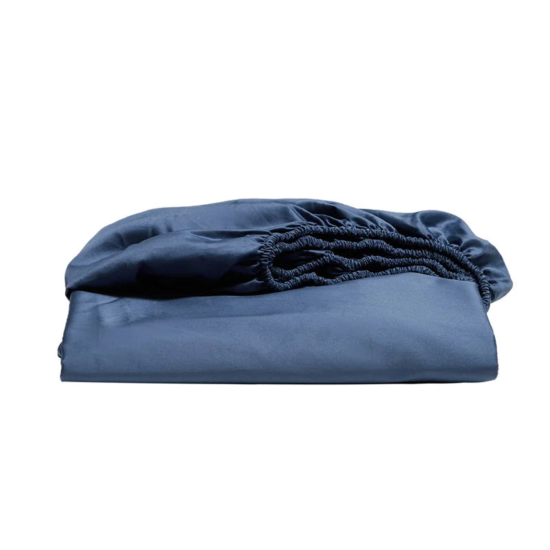 Blue fitted sheet on a white background