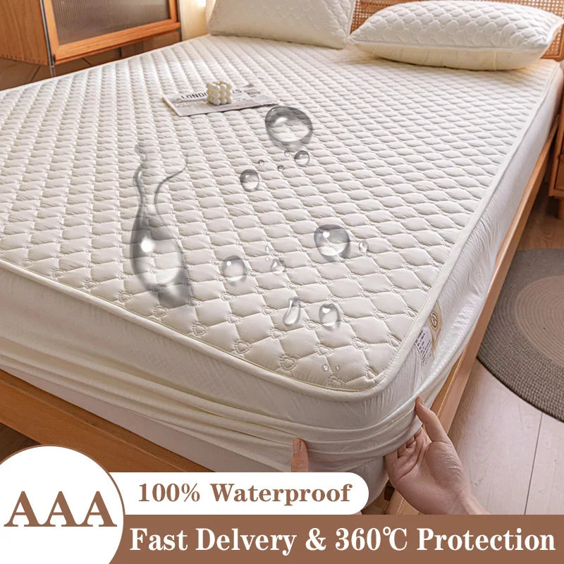 Mattress protector on a bed with water droplets demonstrating waterproof feature, labeled 'AAA 100% Waterproof Fast Delivery & 360°C Protection'.