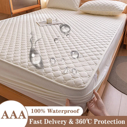 Mattress protector on a bed with water droplets demonstrating waterproof feature, labeled 'AAA 100% Waterproof Fast Delivery & 360°C Protection'.
