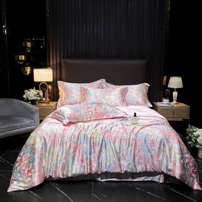 Floral bedding set on a bed in a bedroom with black walls and decor.