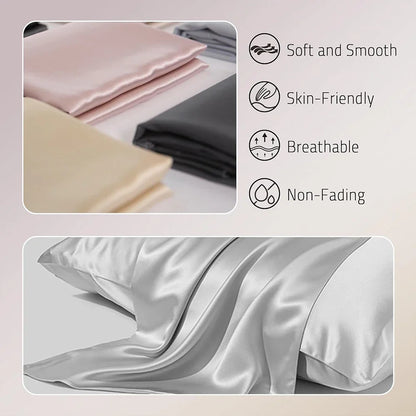 Silk pillowcases in pink, gray, and beige with text highlighting features on a light pink background.
