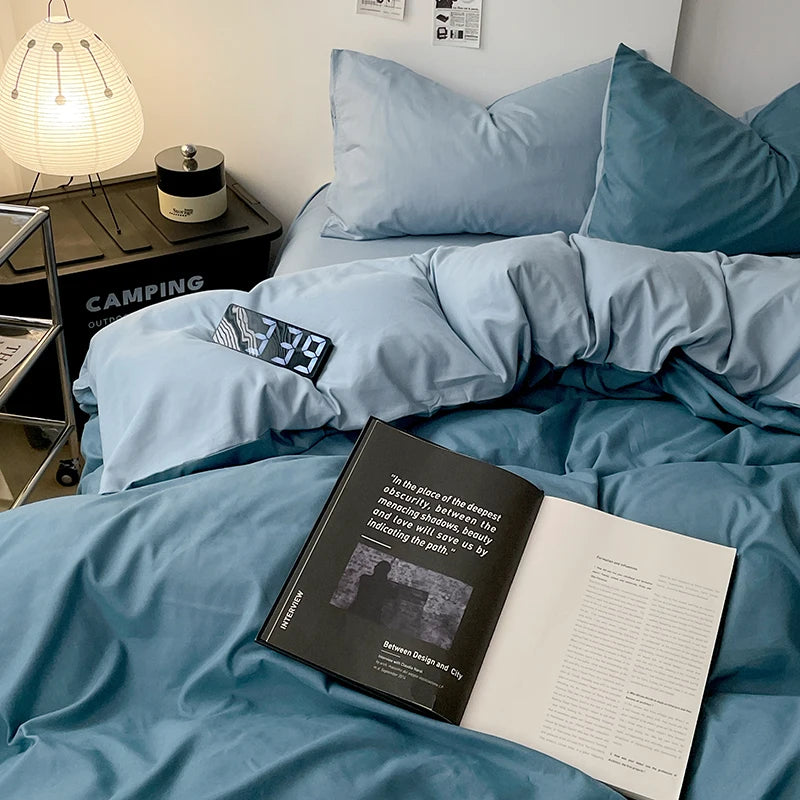Simple Blue Solid Color Bedding Set Soft Brushed Duvet Covers Pillowcase