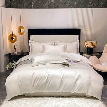 Neatly made bed in a modern bedroom with marble wall and decorative lamps.