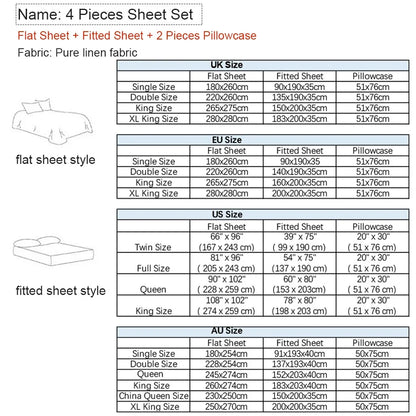 Sheet set size chart with flat sheet, fitted sheet, and pillowcase dimensions for UK, EU, US, and AU sizes.