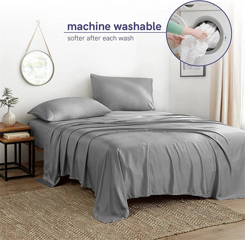 Gray bedding set on a bed with a focus on machine washability.