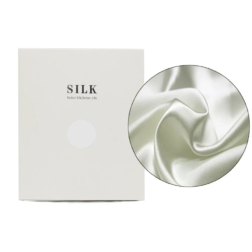 Silk product with a close-up of silk fabric and a branded box on a white background