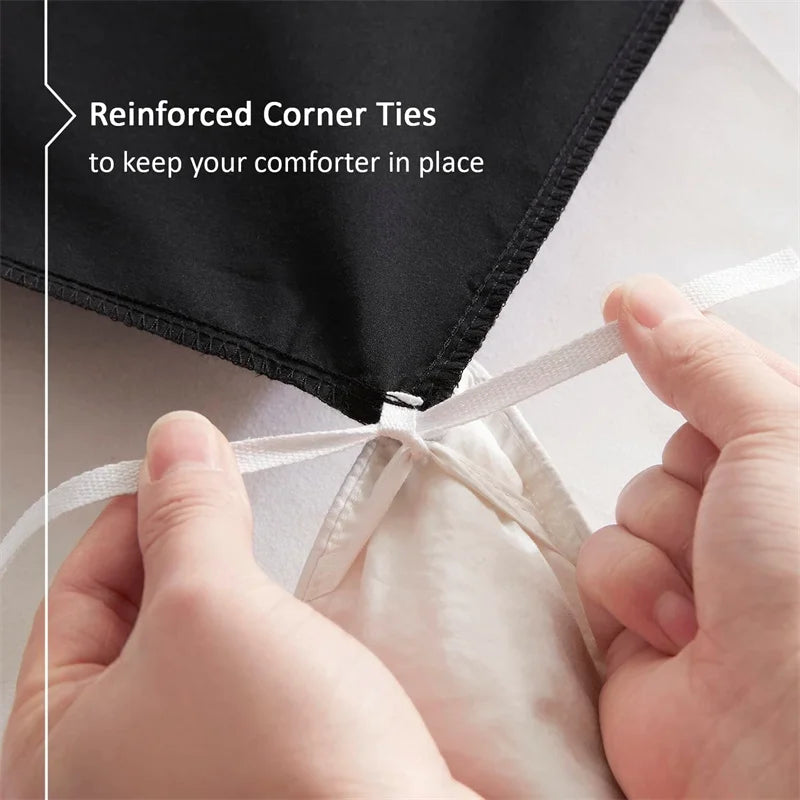 Hands tying a white comforter with text about reinforced corner ties.