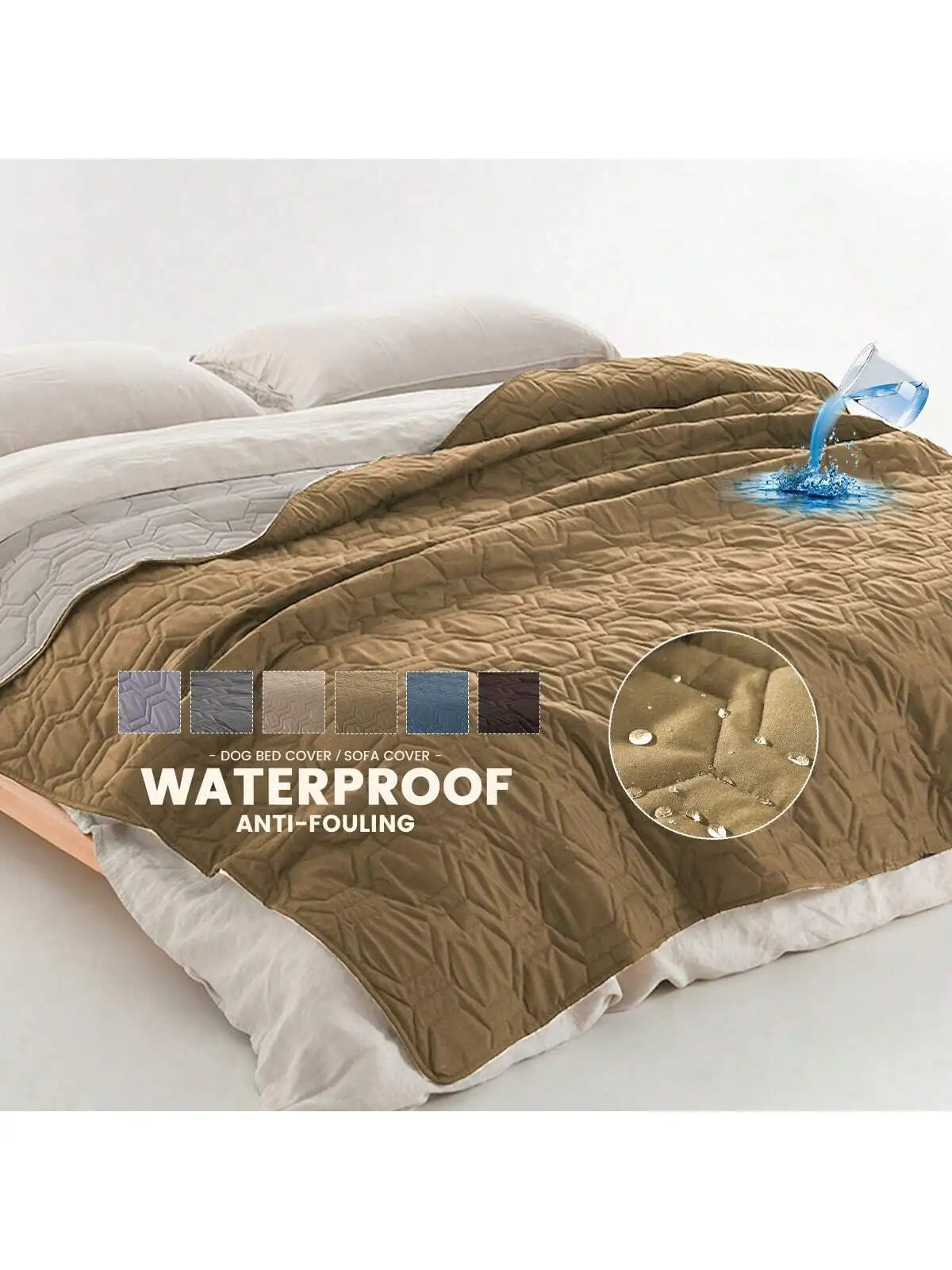 Brown waterproof blanket on a bed with water droplet demonstration and color swatches.