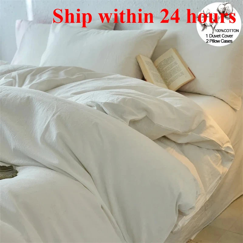 Beige duvet cover set on a bed with a book, featuring text about shipping and product details.