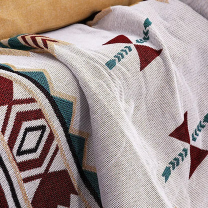 Close-up of a patterned blanket with geometric designs on a beige surface.
