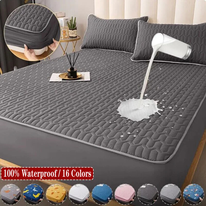 Gray quilted mattress protector with a spill demonstration on a bed, surrounded by color swatches.