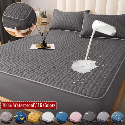 Gray quilted mattress protector with a spill demonstration on a bed, surrounded by color swatches.