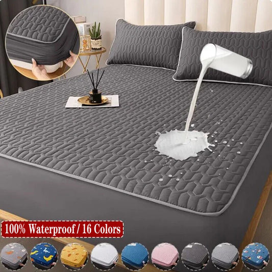 Gray quilted mattress protector with a spill demonstration on a bed, surrounded by color swatches.
