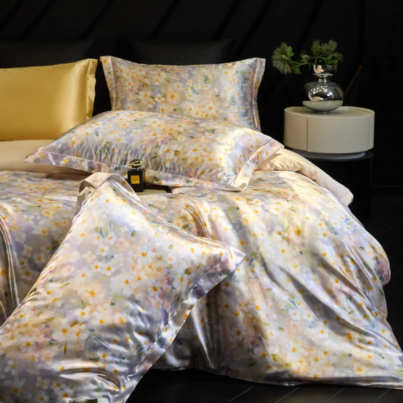 Floral patterned bedding set on a bed with a dark background