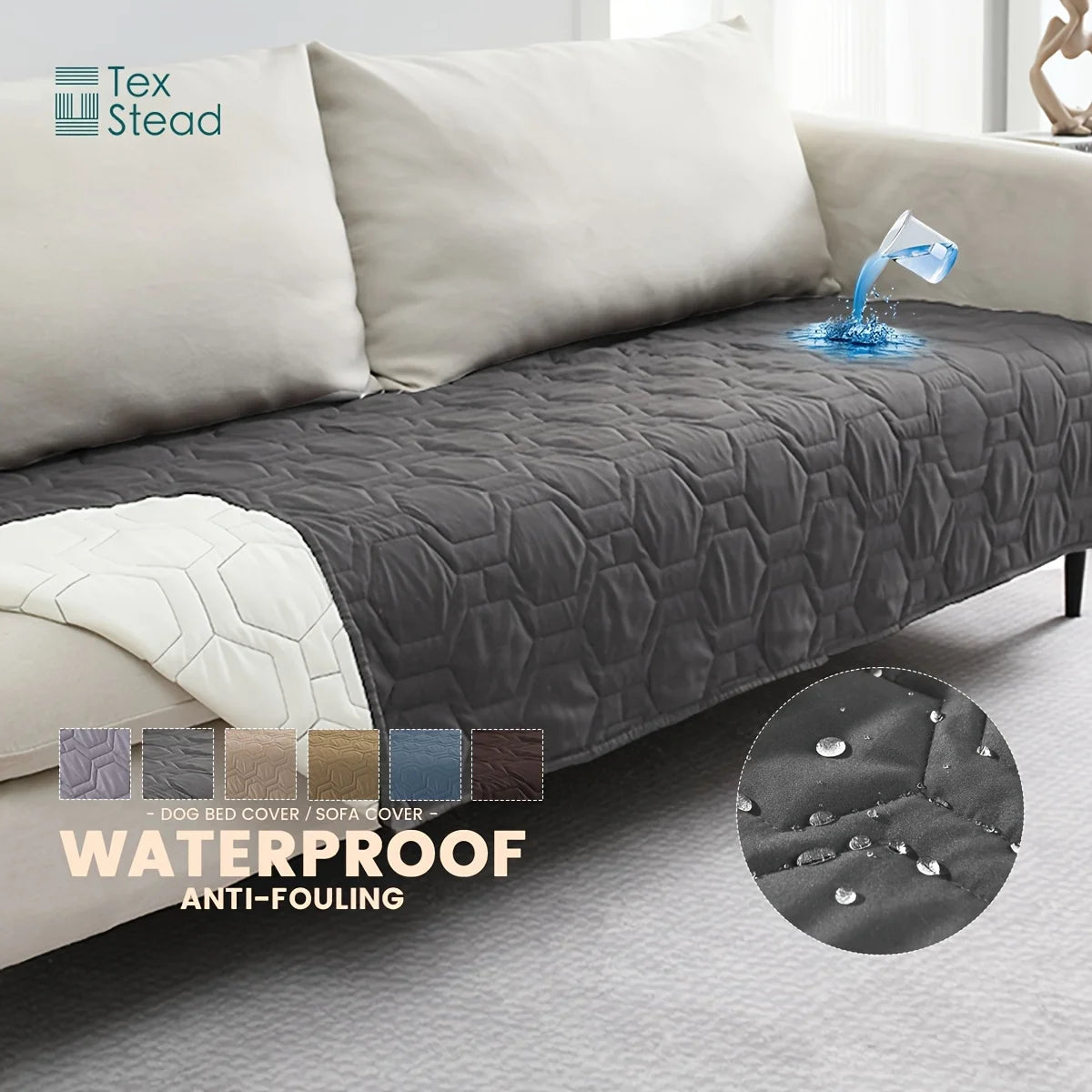 Gray quilted cover on a sofa with waterproof and anti-fouling features, featuring the TexStead brand.