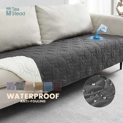 Gray quilted cover on a sofa with waterproof and anti-fouling features, featuring the TexStead brand.