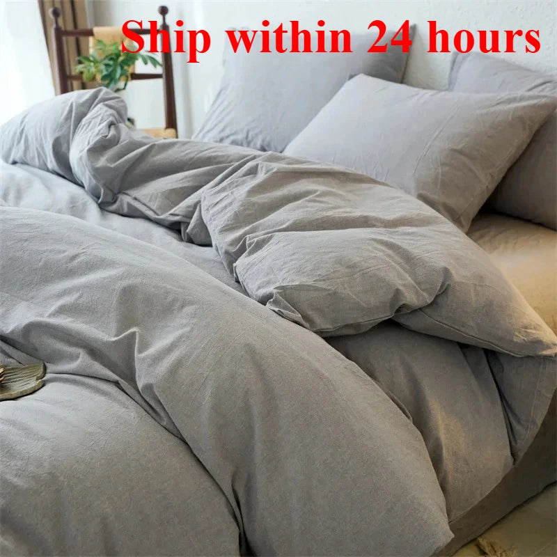 Gray bedding set on a bed with text 'Ship within 24 hours' in red.