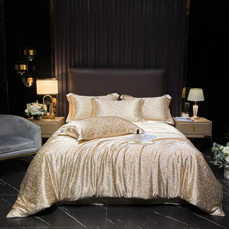 Luxurious bedroom with gold and beige bedding, dark walls, and decorative elements.