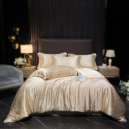 Luxurious bedroom with gold and beige bedding, dark walls, and decorative elements.