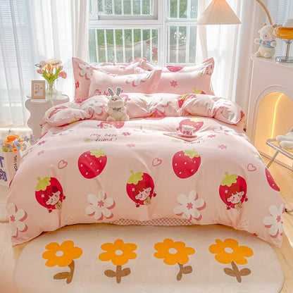 Children's bedroom with pink strawberry-themed bedding