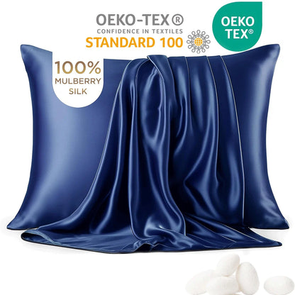 Blue satin pillowcase with OEKO-TEX certification on a white background