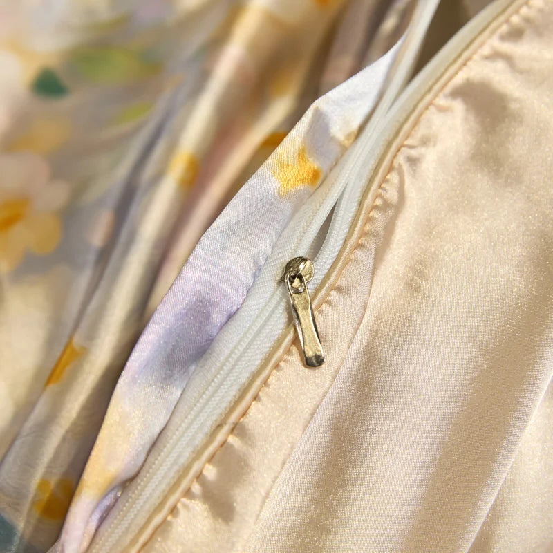 Close-up of a zipper on a fabric with floral pattern