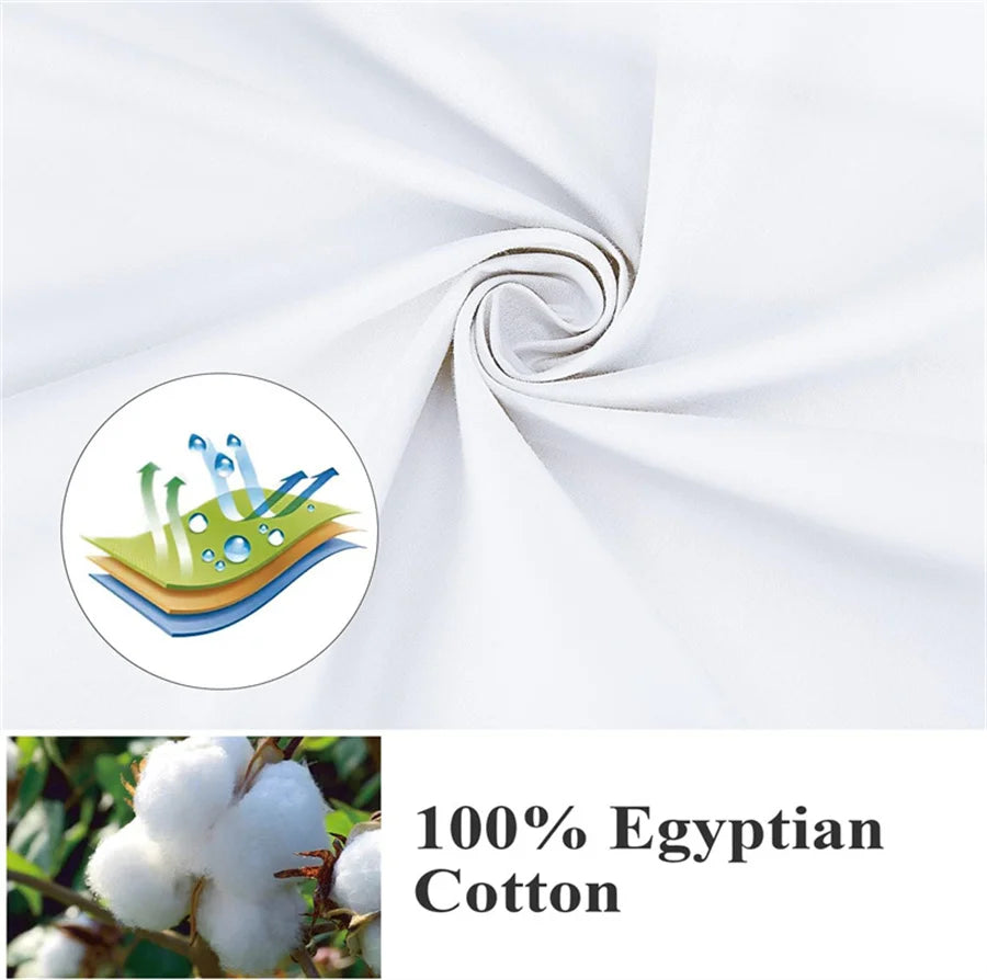White fabric with a logo and text indicating 100% Egyptian cotton, accompanied by an image of cotton plants.