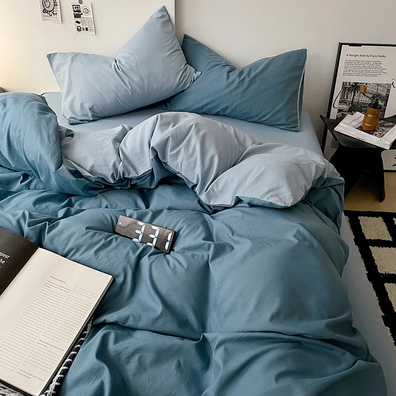 Simple Blue Solid Color Bedding Set Soft Brushed Duvet Covers Pillowcase