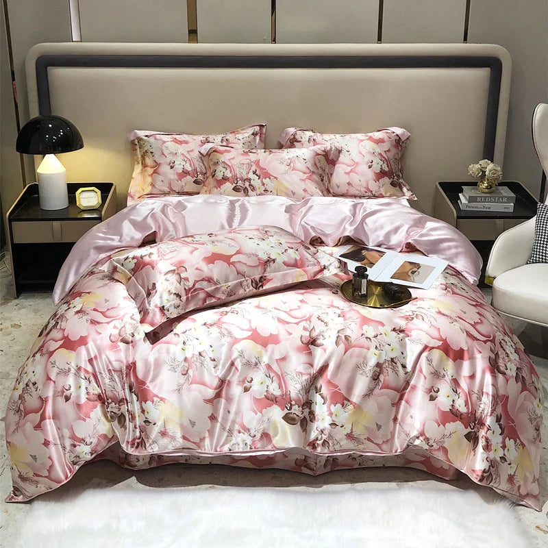 Floral bedding set on a bed in a bedroom setting with nightstands and decor.